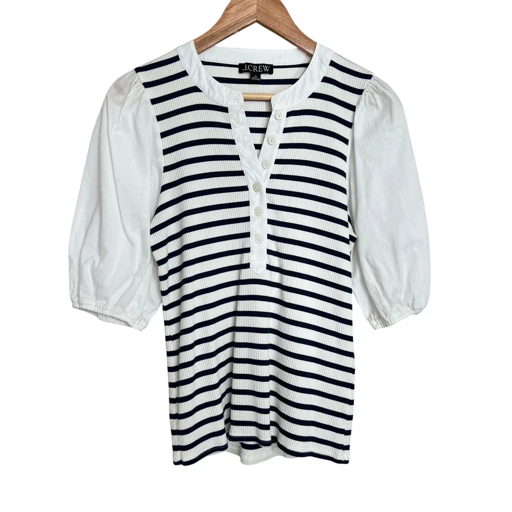J.Crew Navy Blue Striped Rubbed Puff Sleeve Henley Blouse SZ M Nautical Coastal